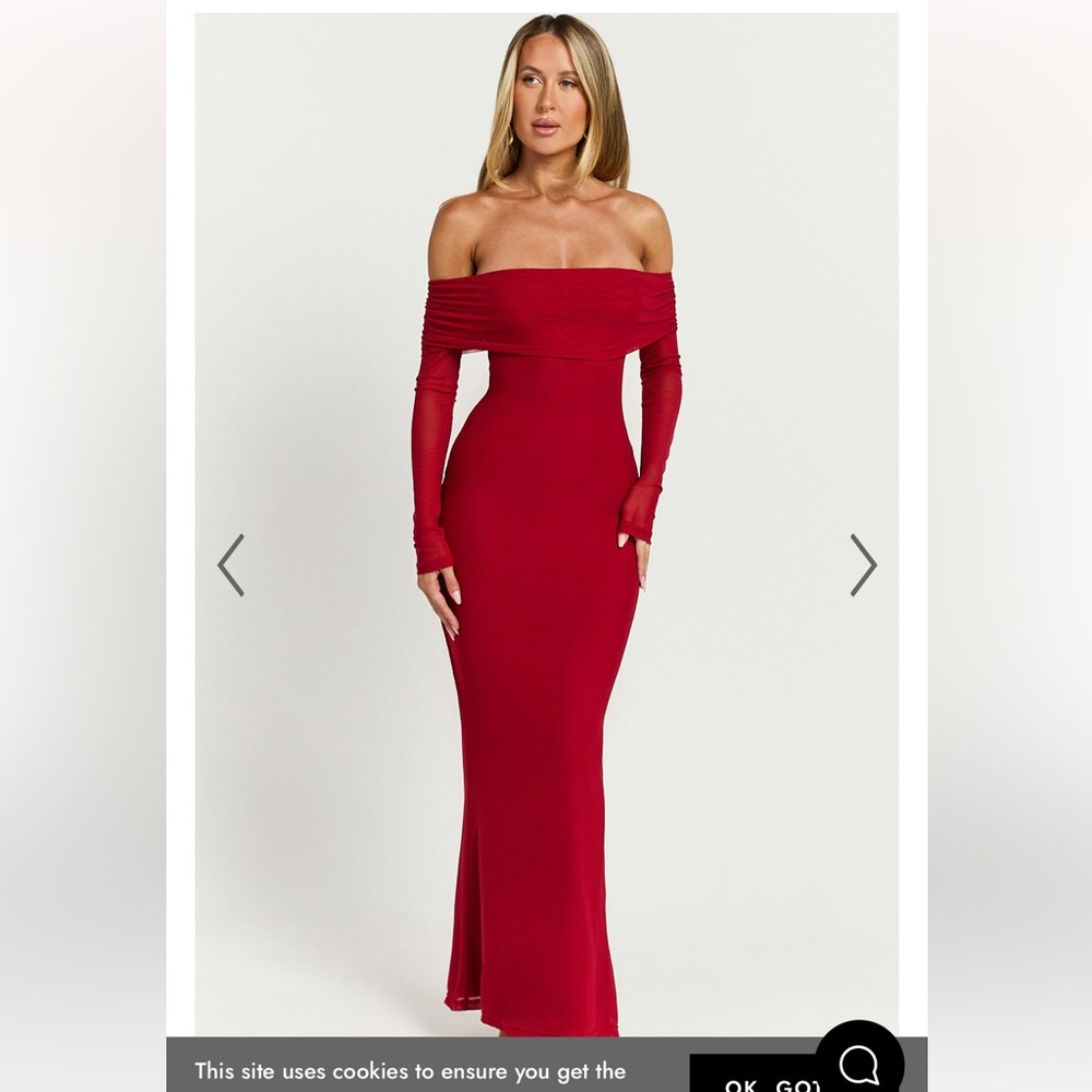 Red off the shoulder Bethanie maxi dress